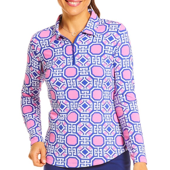 IBKUL Classic Key Navy Pink Long Sleeve Polo Quarter Zip Golf Shirt Womens L - Picture 1 of 4